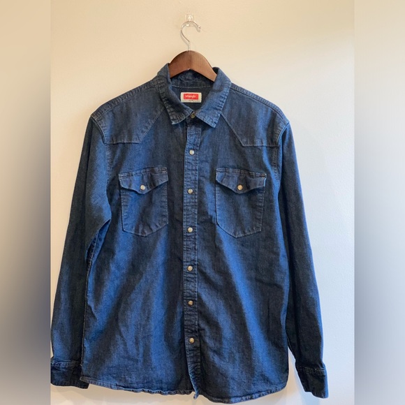 Wrangler Blue Indigo Denim Pearl Snap Western Shirt Long Sleeve Men's Large - Picture 1 of 6
